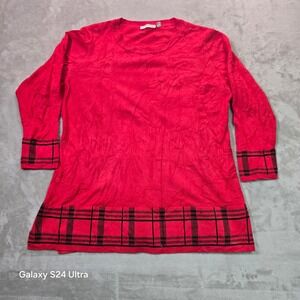 Notations Woman Red Plaid Trim Long Sleeve Crew Neck Sweater Plus 1X WSVU1373